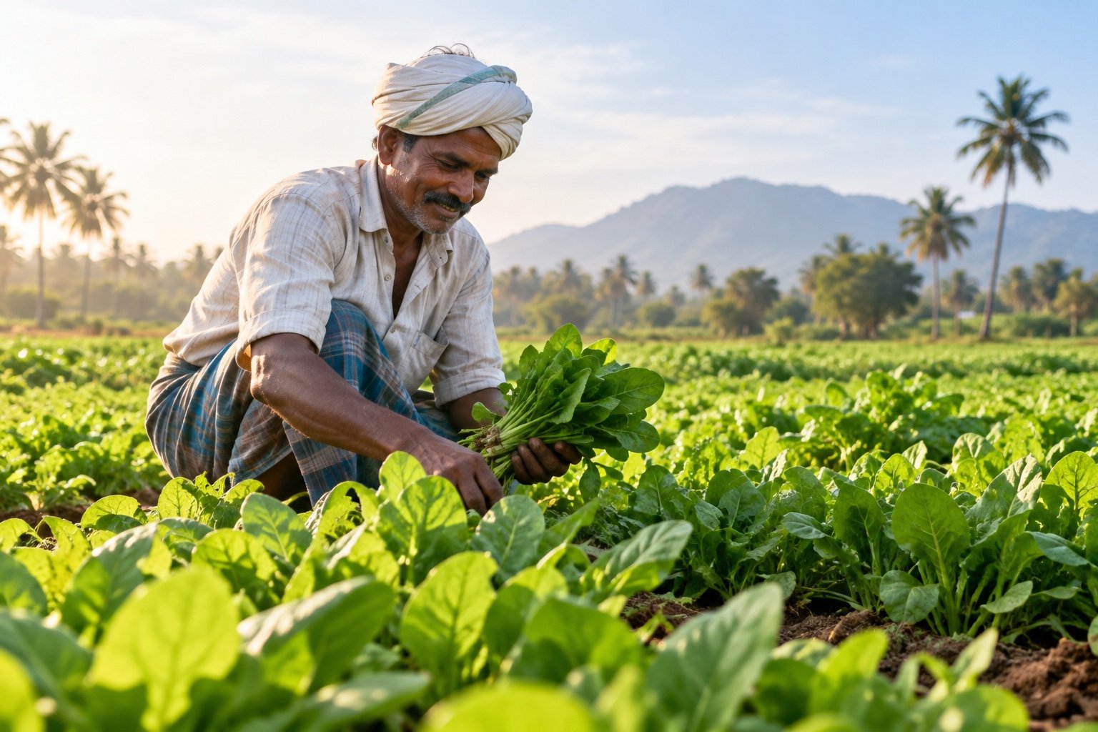 A farmer harvesting fresh greens in a field near Pappampatti