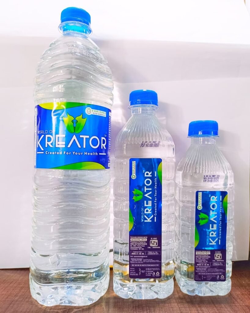 Packaged drinking water bottles in 1 litre, 500 ml and 300 ml sizes